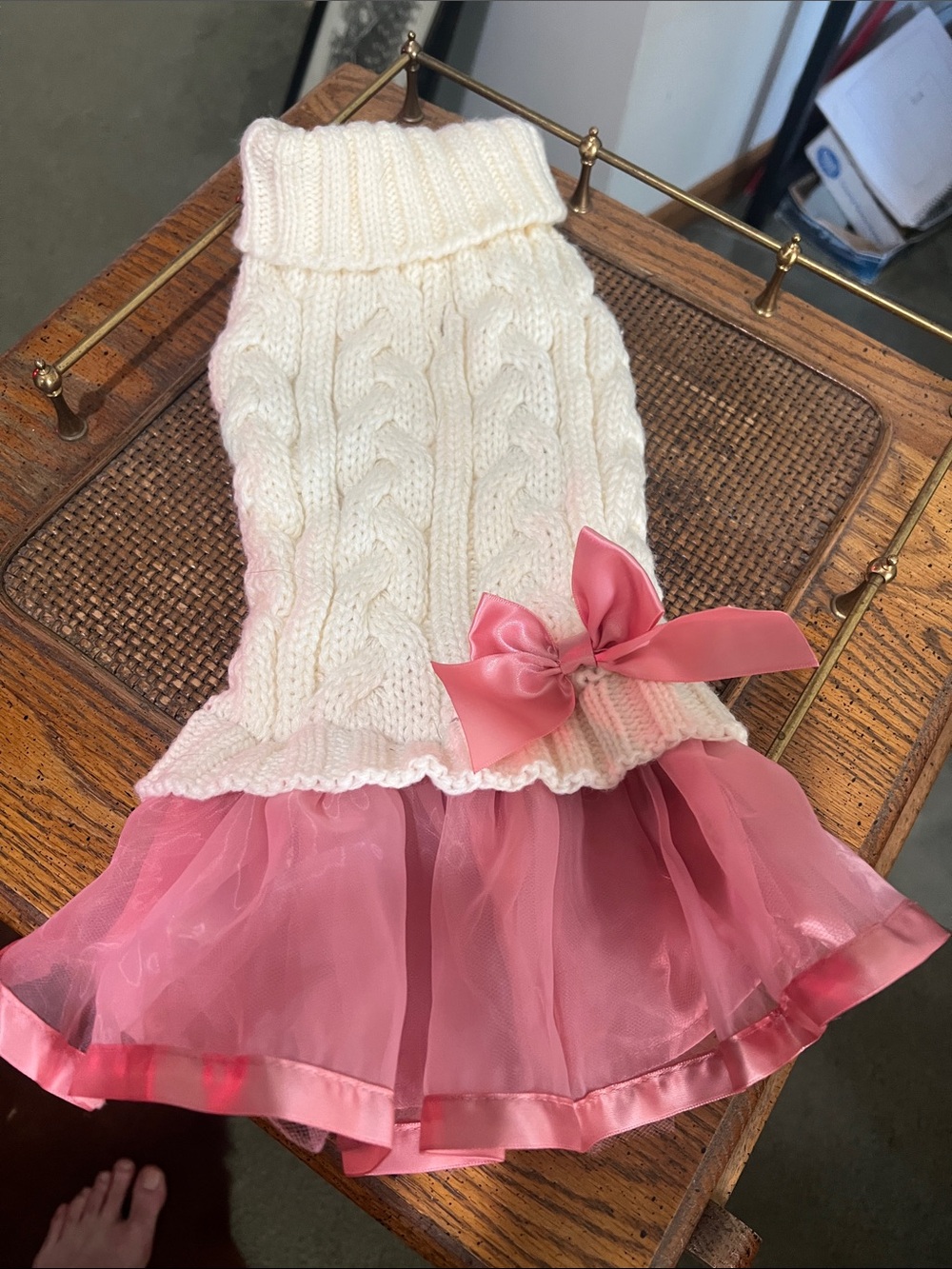 Cream Cable Knit Dog Dress with Pink Tulle Skirt and Bow